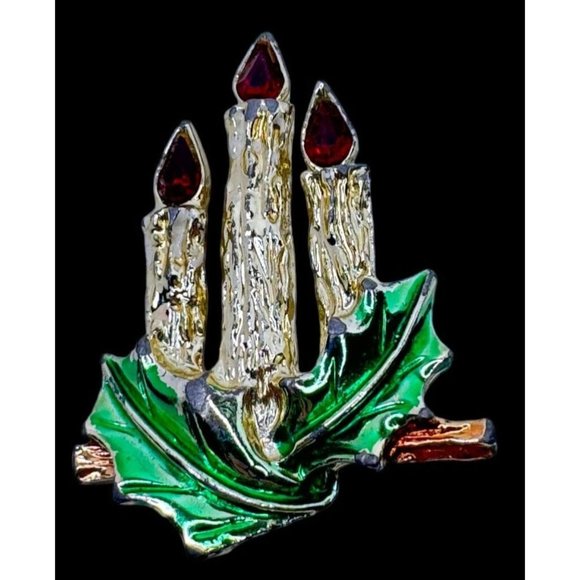 Christmas Candle Brooch Pin Vintage Jewelry Holly Triple Red Flames Holidays - Picture 2 of 5